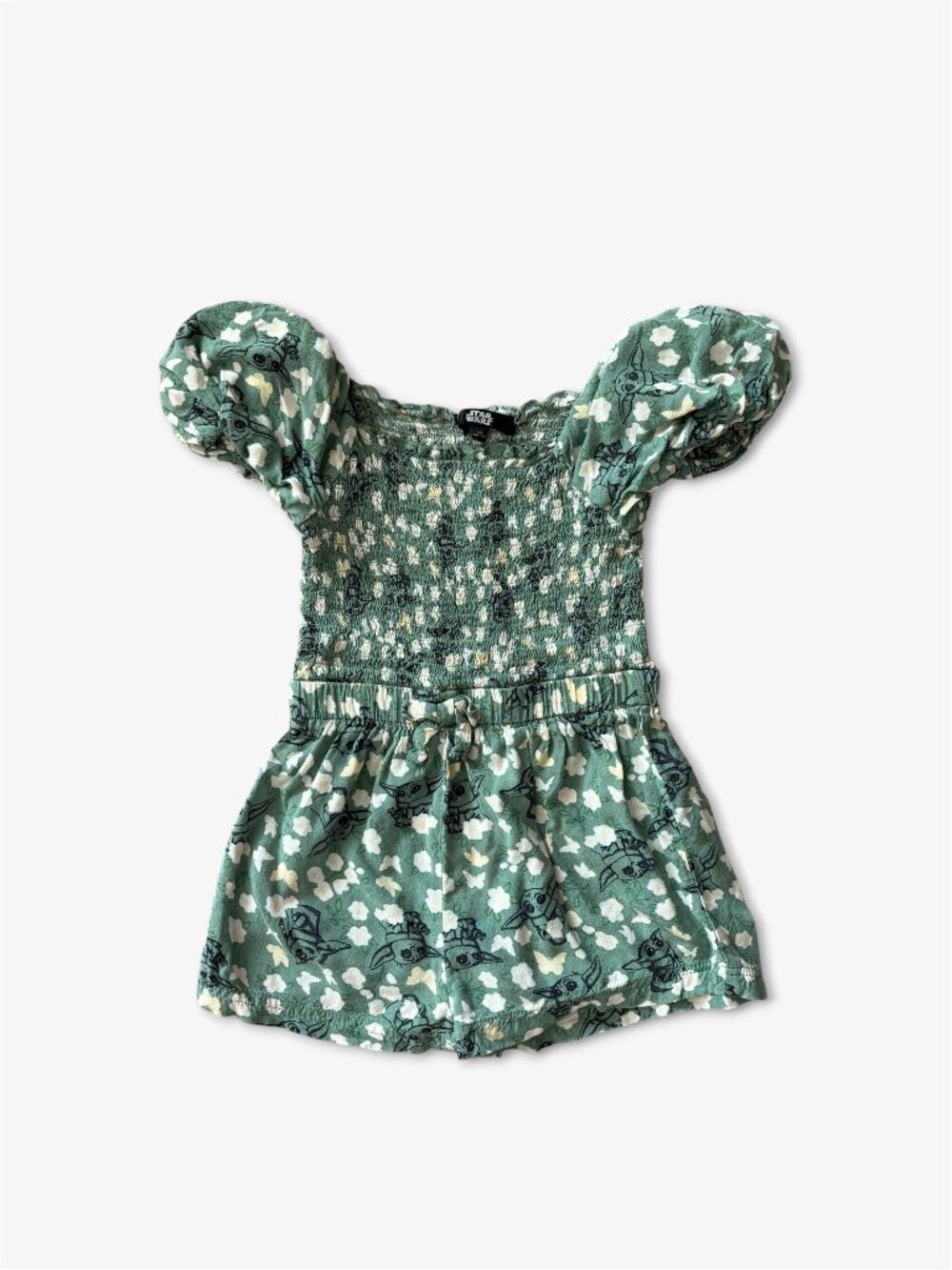 Star Wars Grogu Baby Yoda Floral Smocked Puff Sleeve Romper Green Girls Size 3T